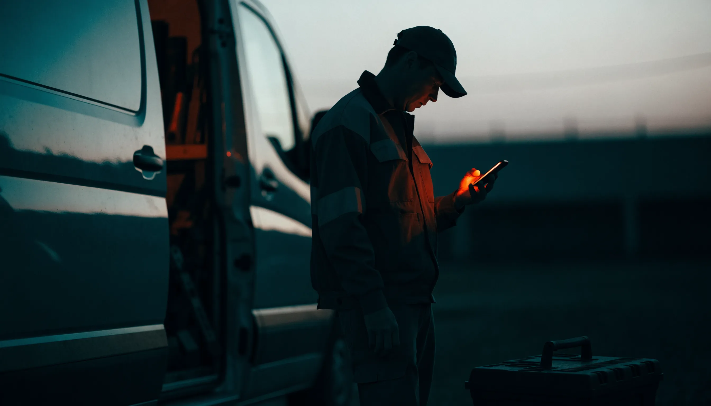 A plumber beside a work van at dusk looking at a phone glowing orange