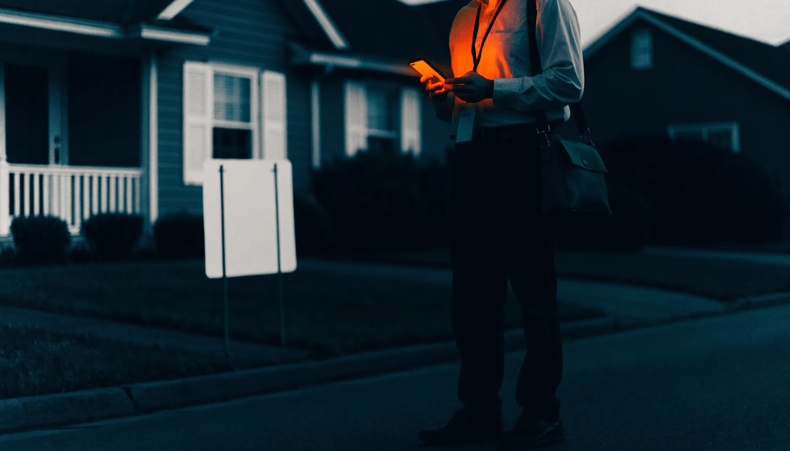 A real estate agent outside a house at dusk holding a phone glowing orange