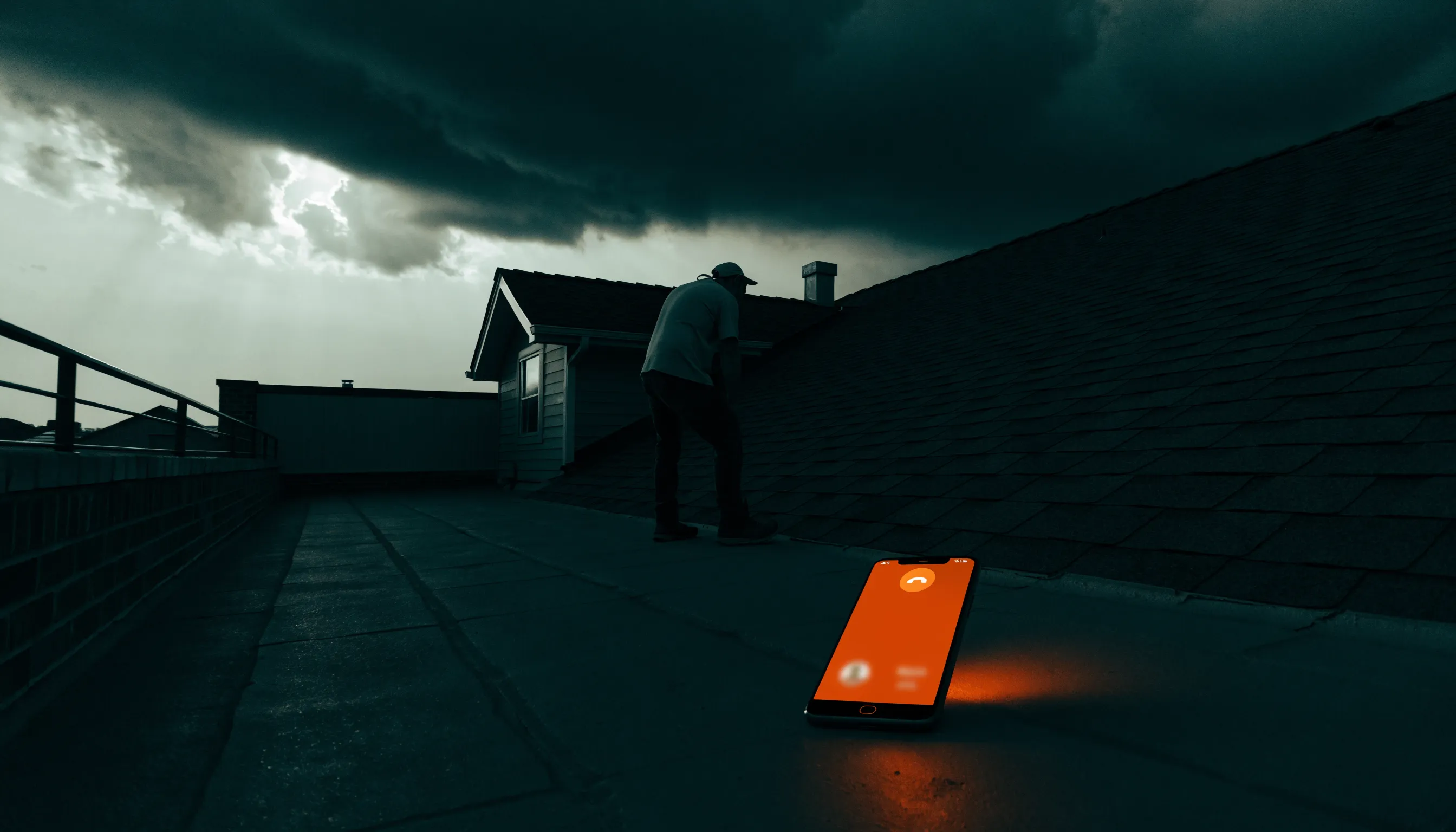 A rooftop under a dark stormy sky with a phone glowing orange in the foreground