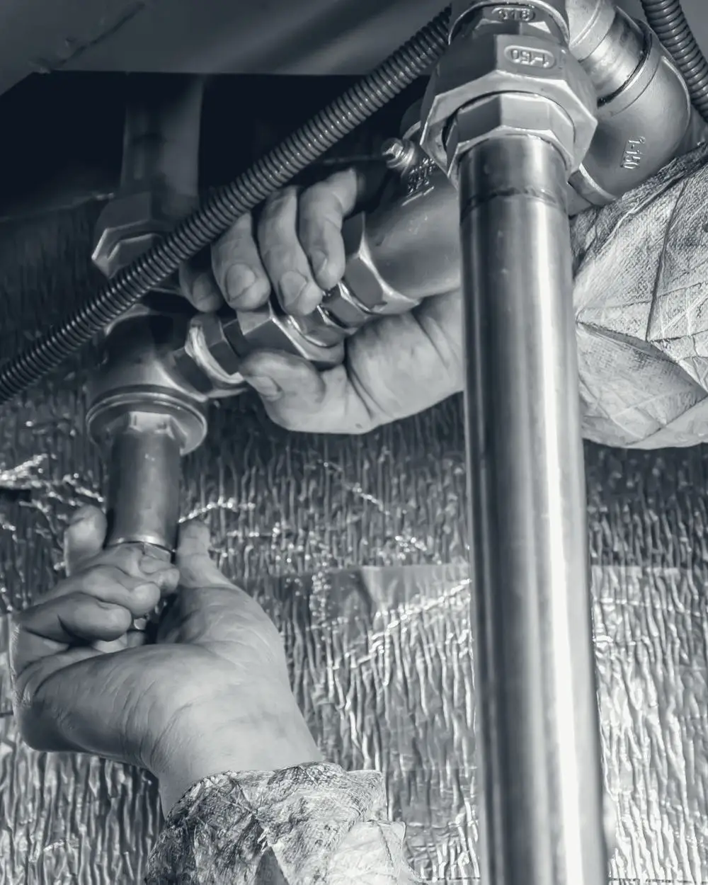 Plumber’s hands working on copper pipework under a sink